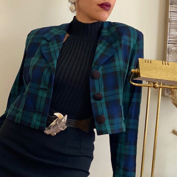 SOLD Vintage Plaid Cropped Blazer (Size Small) - Picture 1 of 5